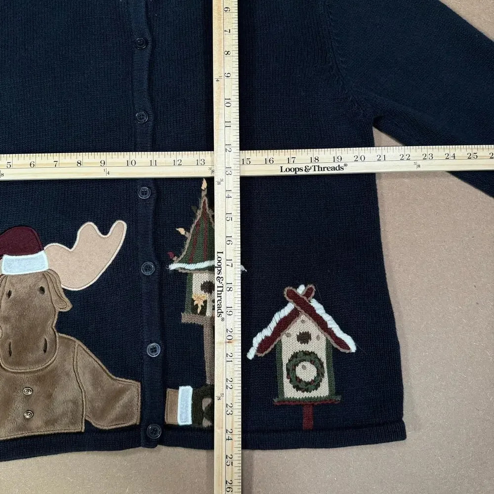 Holiday Moose Cardigan Sweater With Birdhouses And Lights Embroidery Womens L